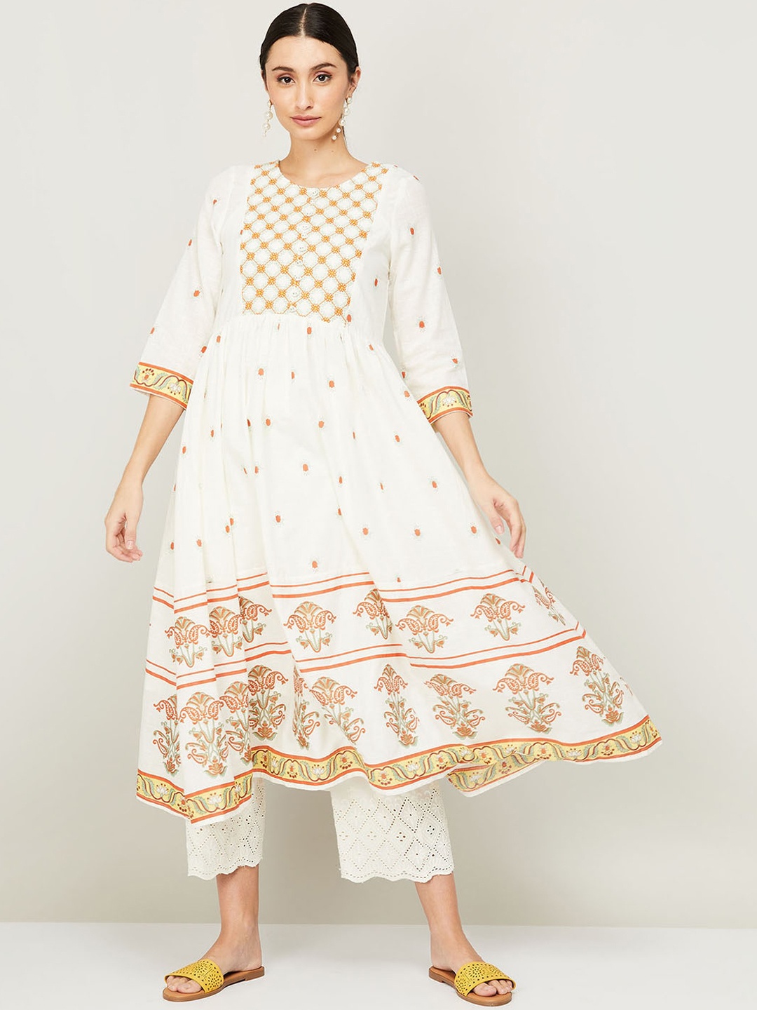 

Melange by Lifestyle Women Off White & Orange Ethnic Motifs Striped Thread Work Anarkali Kurta