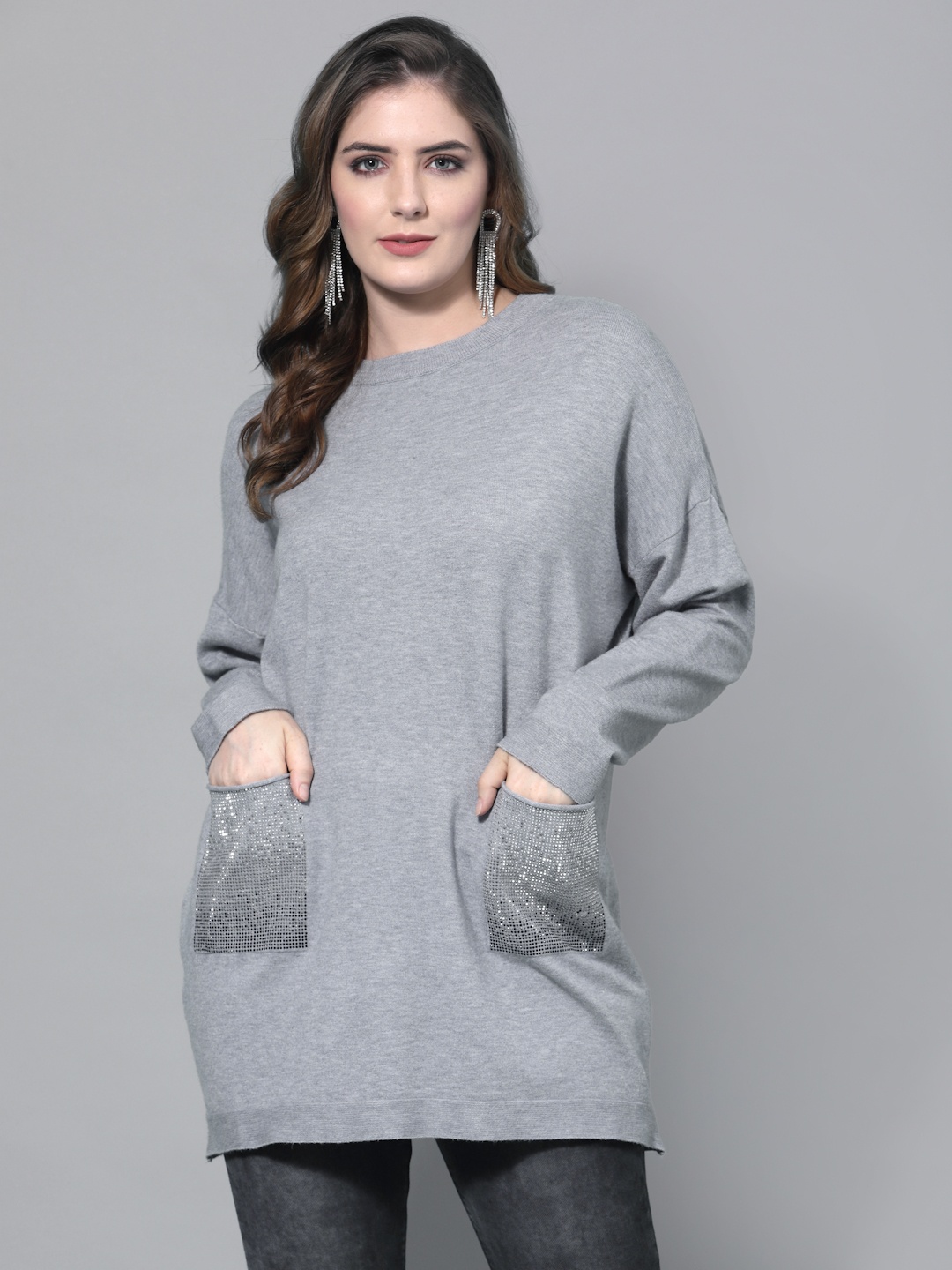 

Mafadeny Women Grey Longline Pullover with Embellished Detail