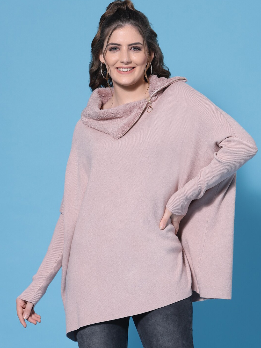 

Mafadeny Women Peach Solid Longline Pullover Sweater