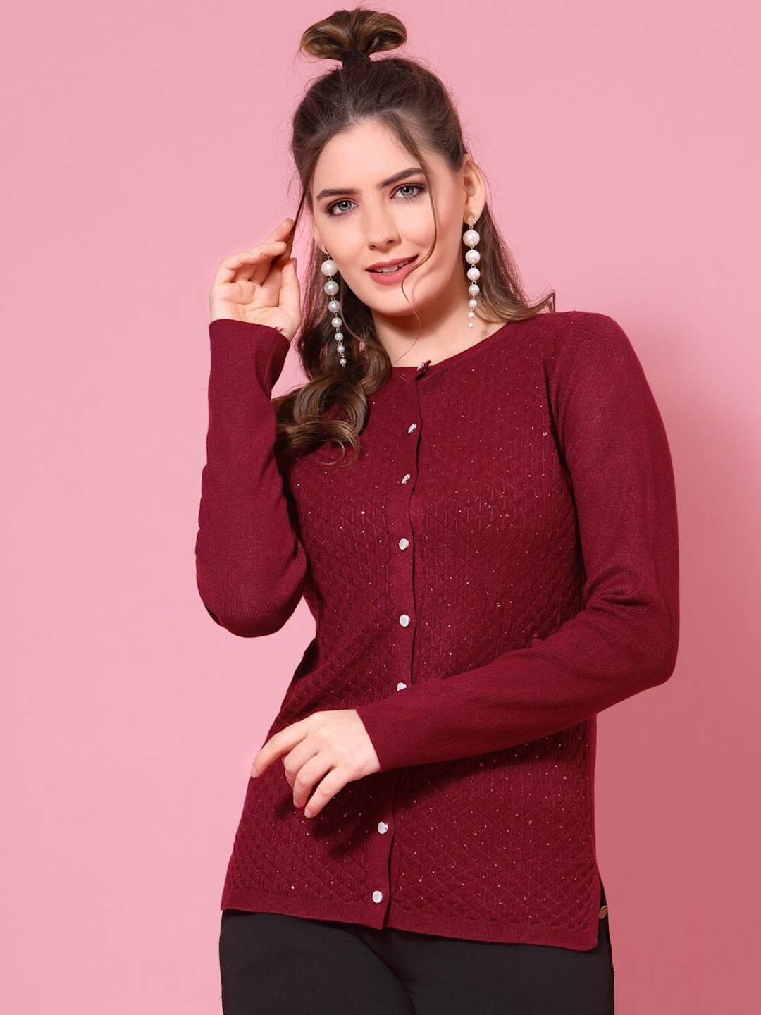 

Mafadeny Women Maroon Checked Cardigan with Embellished Detail