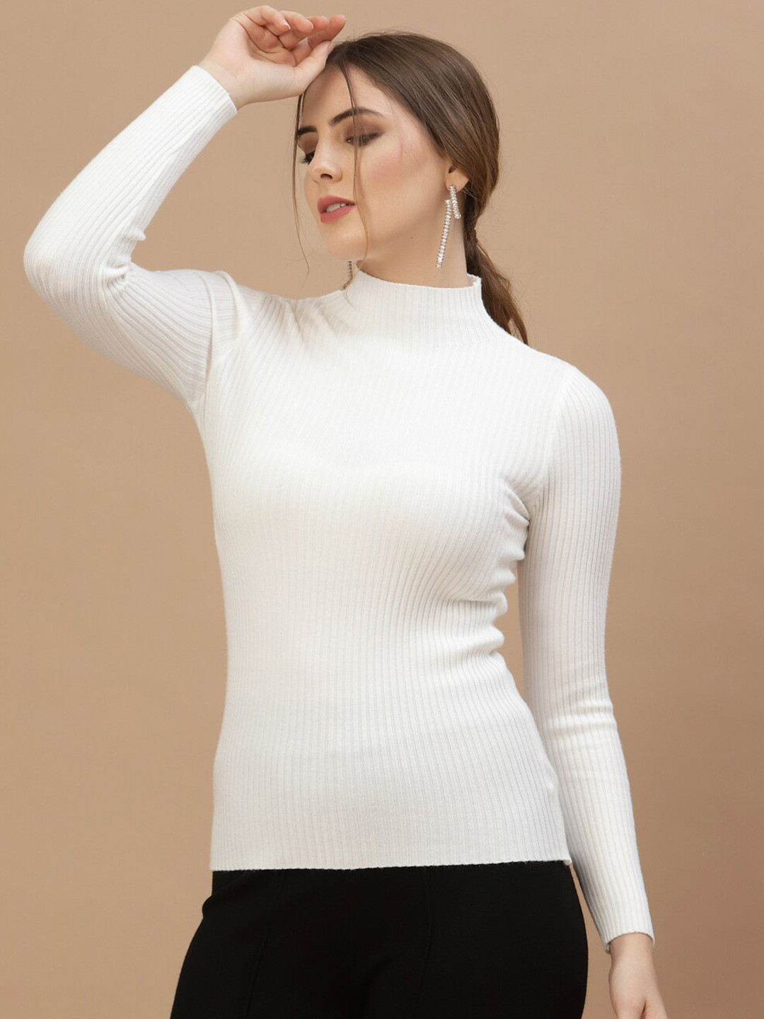 

Mafadeny Women White Ribbed Pullover