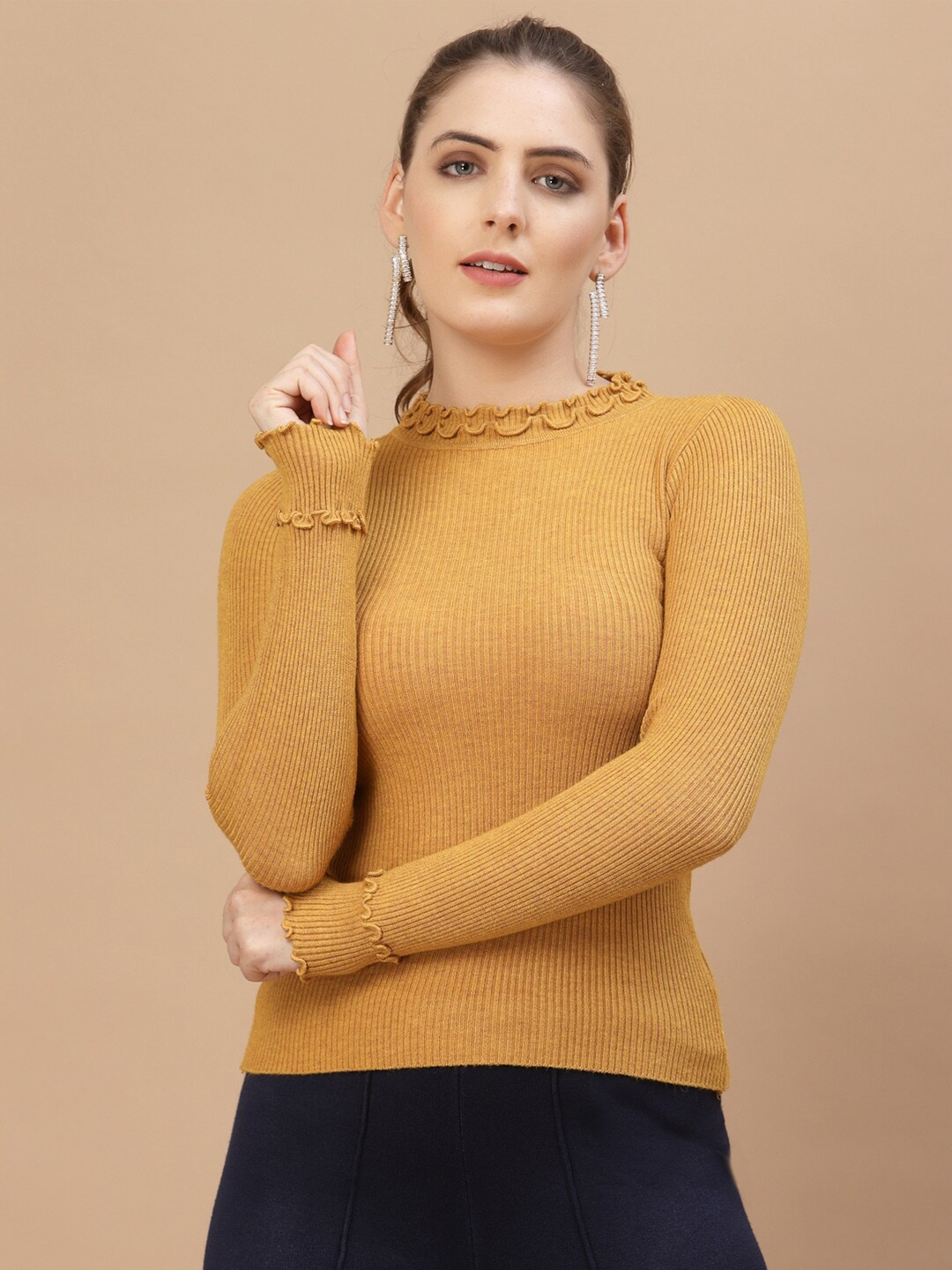 

Mafadeny Women Mustard Ribbed Pullover