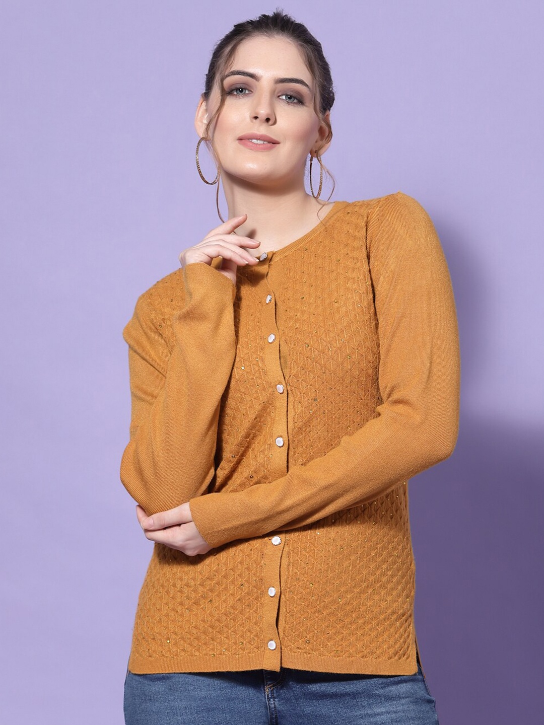

Mafadeny Women Mustard Embellished Round Neck Nylon Cardigan