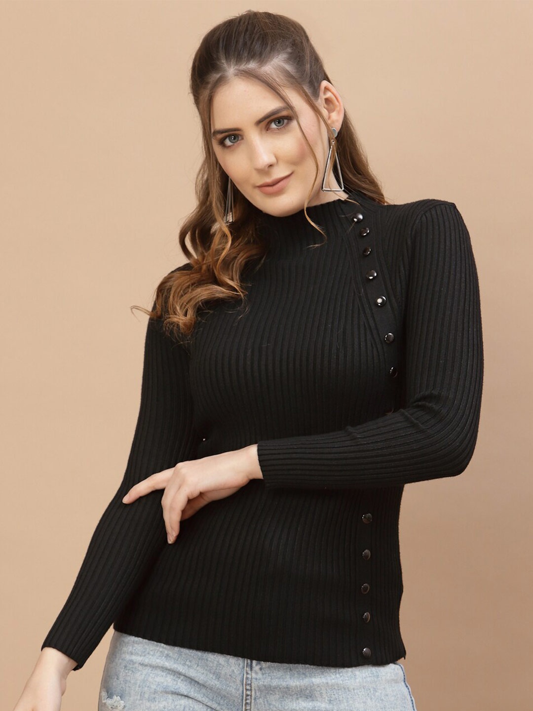 Mafadeny Women Black Ribbed Pullover 