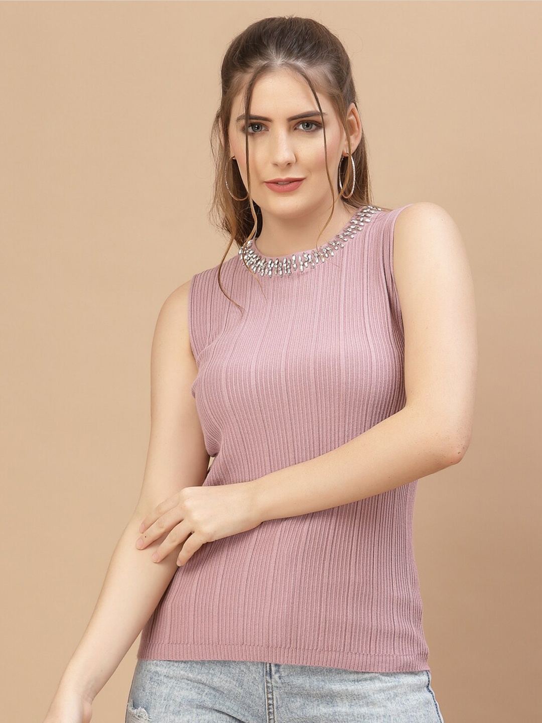 

Mafadeny Women Pink Ribbed Nylon Sleeveless Sweater Vest