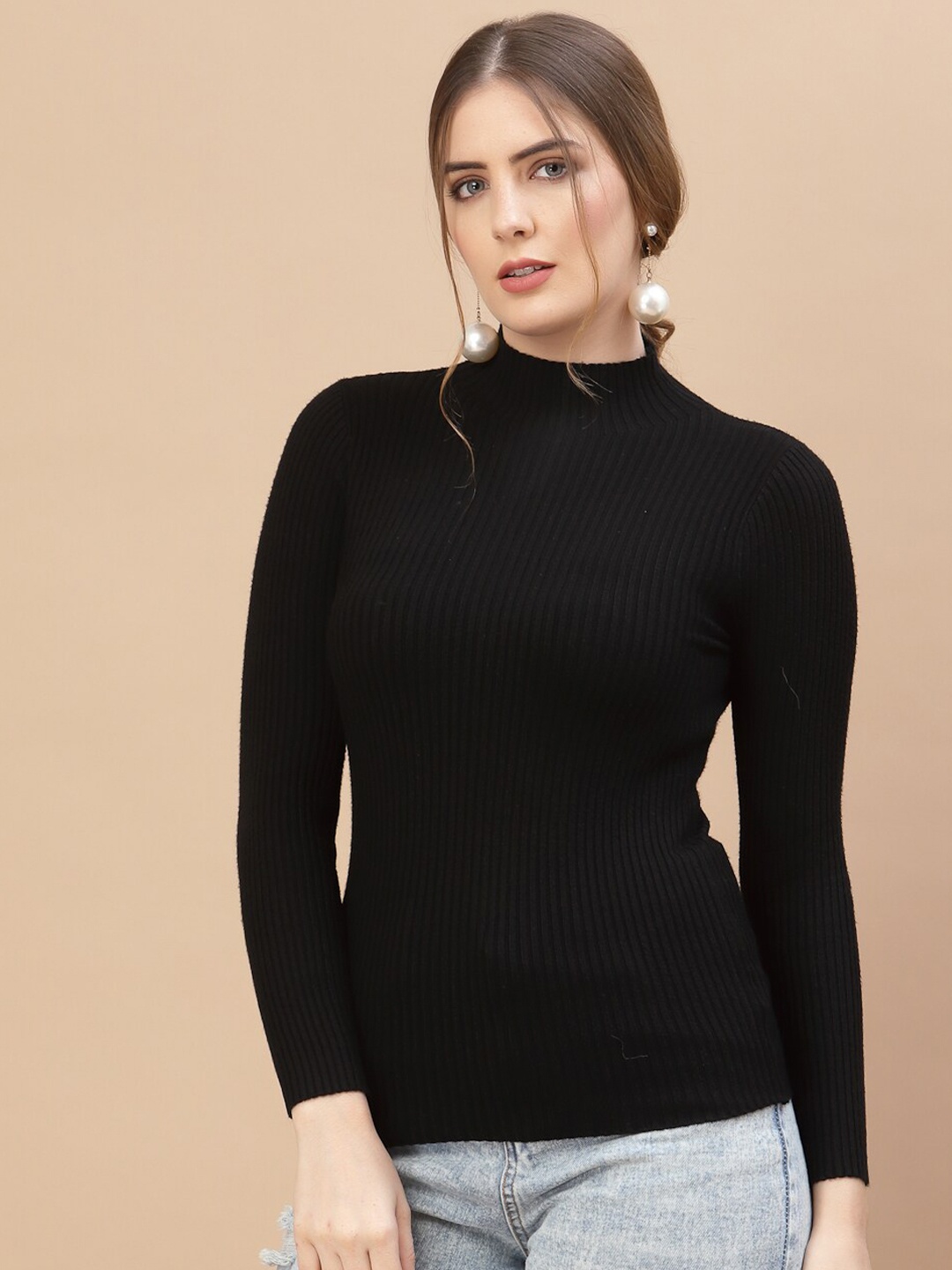 

Mafadeny Women Black Ribbed Pullover