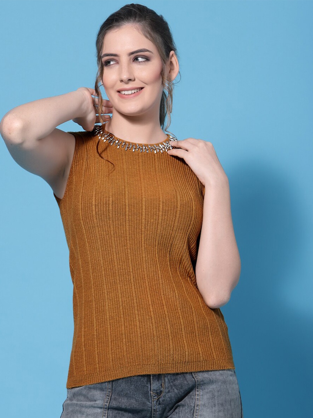 

Mafadeny Women Mustard & Silver-Toned Ribbed Sweater Vest with Embellished Detail
