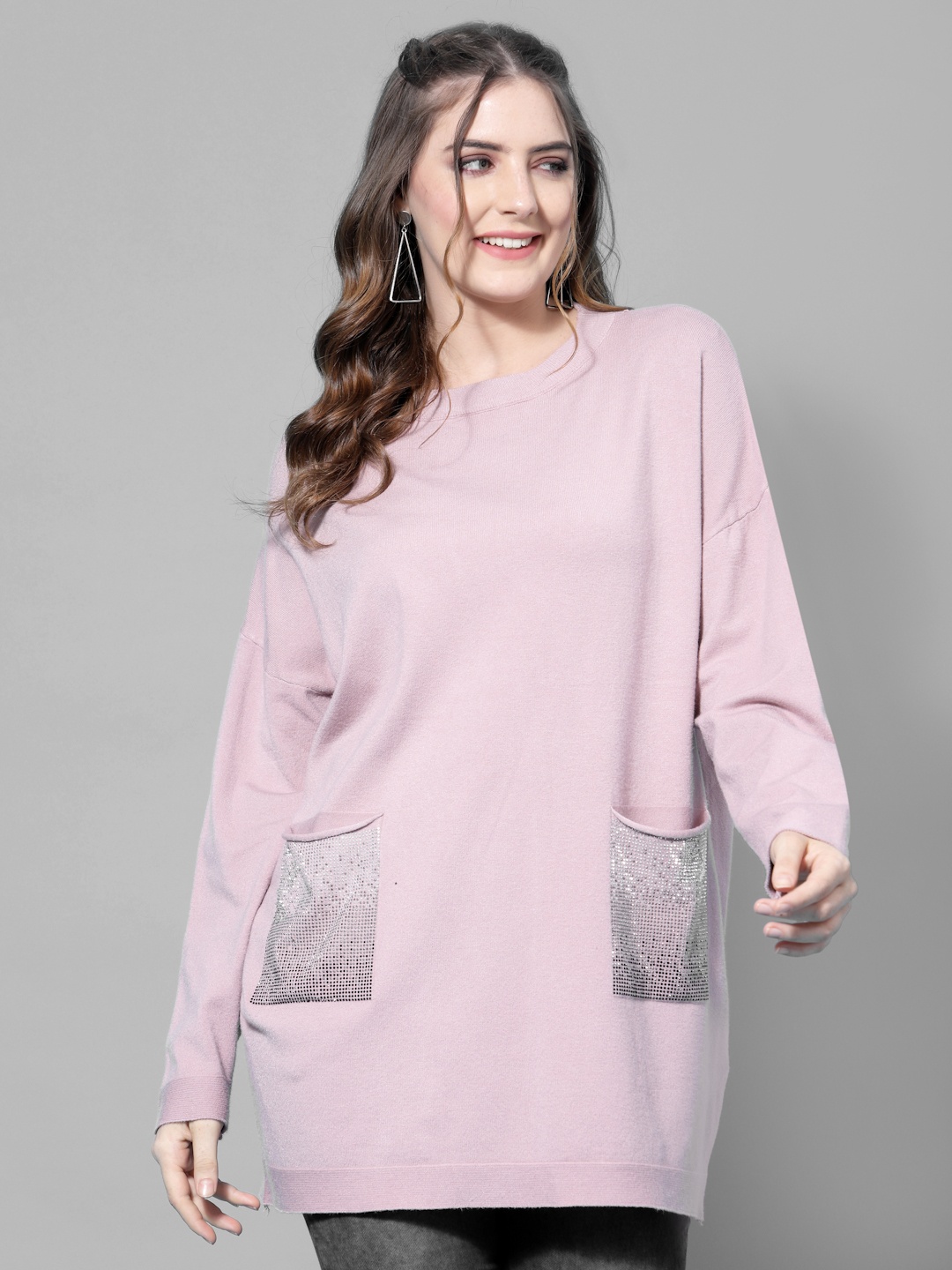 

Mafadeny Women Peach-Coloured & Silver-Toned Longline Pullover with Embellished Detail
