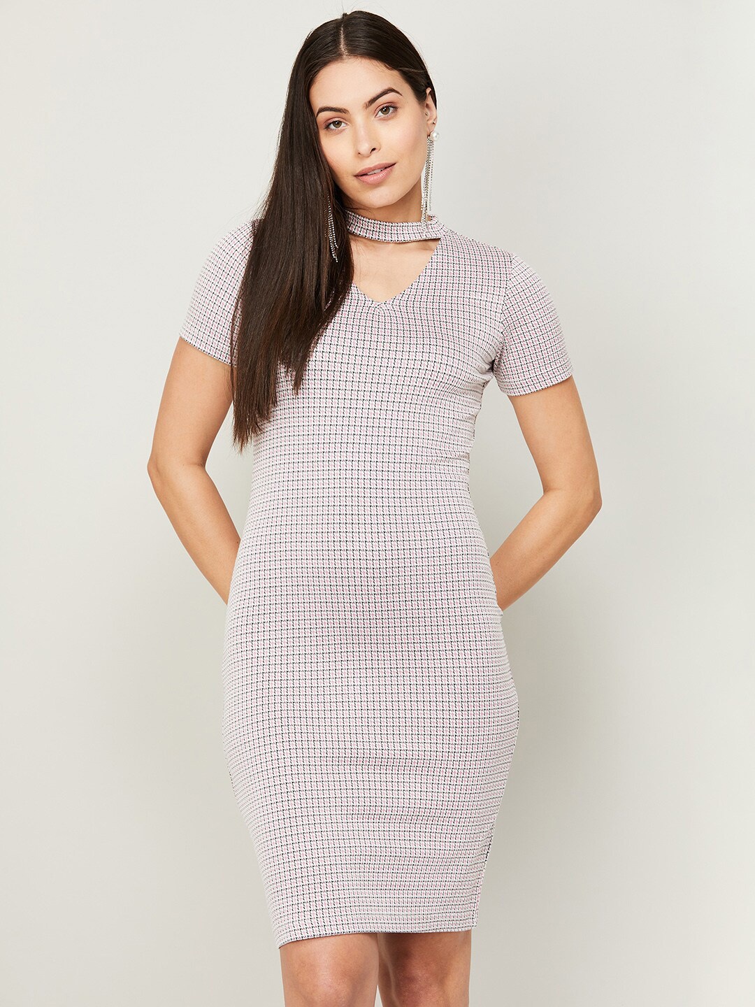 

CODE by Lifestyle Women Pink & Black Checked Choker Neck Polyester Bodycon Dress
