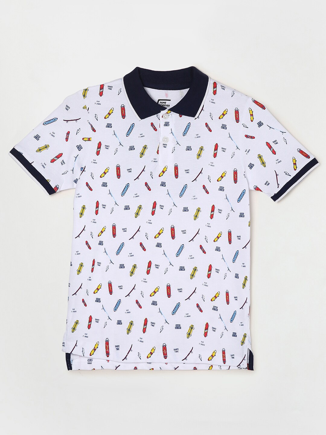 

Fame Forever by Lifestyle Boys White & Blue Printed Polo Collar T-shirt