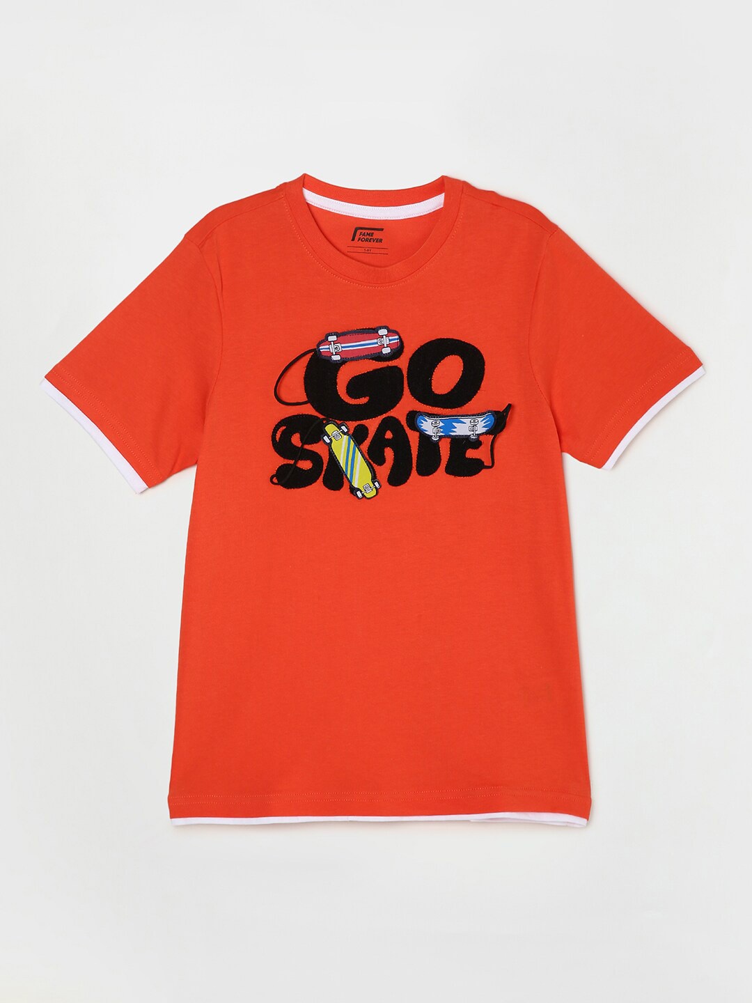 

Fame Forever by Lifestyle Boys Orange & Black Cotton Applique Printed T-shirt