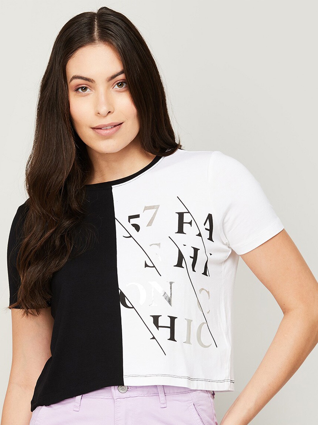 

Ginger by Lifestyle Women Black Printed Extended Sleeves Raw Edge T-shirt