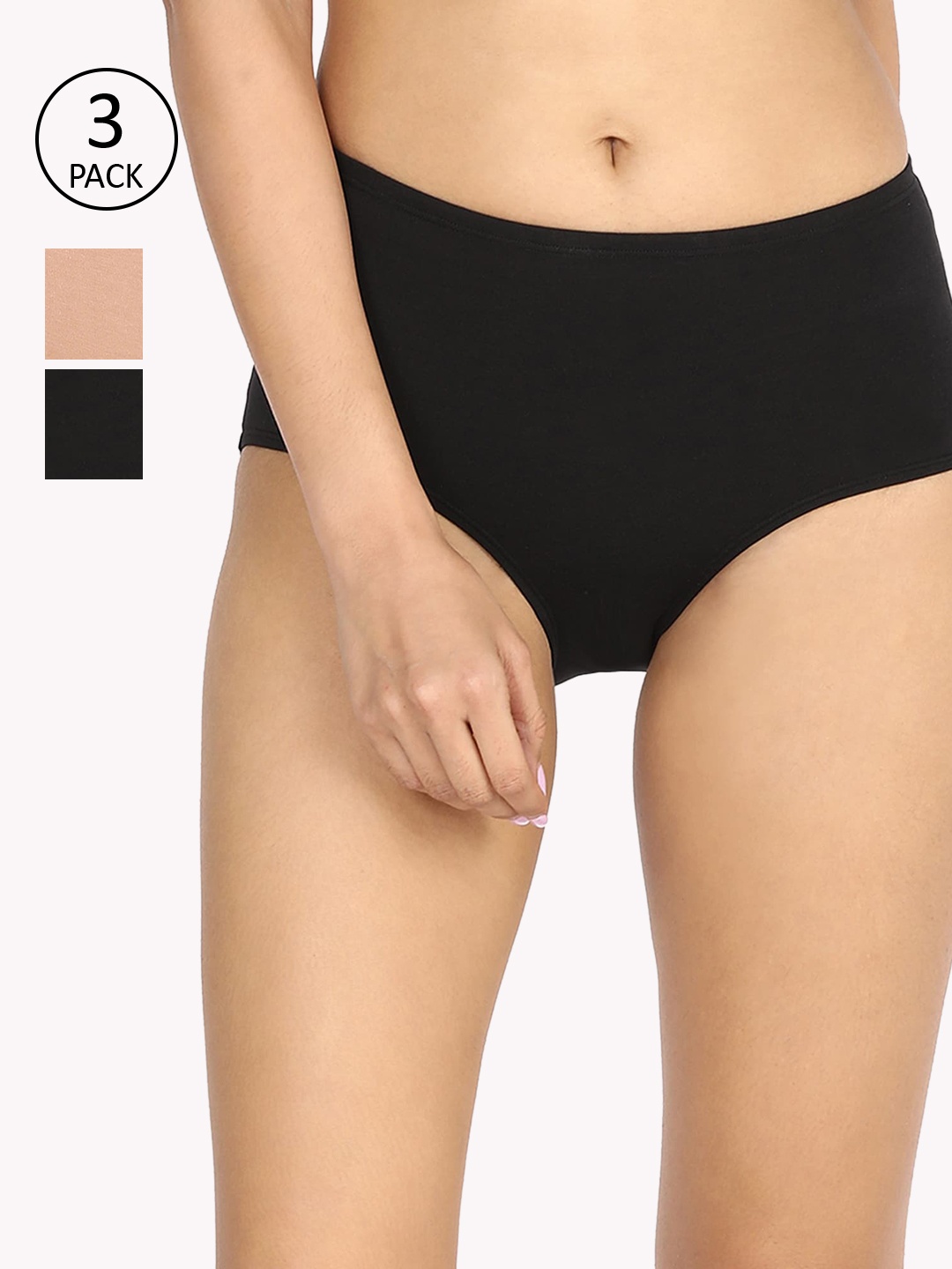 

Nykd Women Pack Of 3 Nude & Black Solid Cotton Anti-Microbial Hipster Briefs NYP104