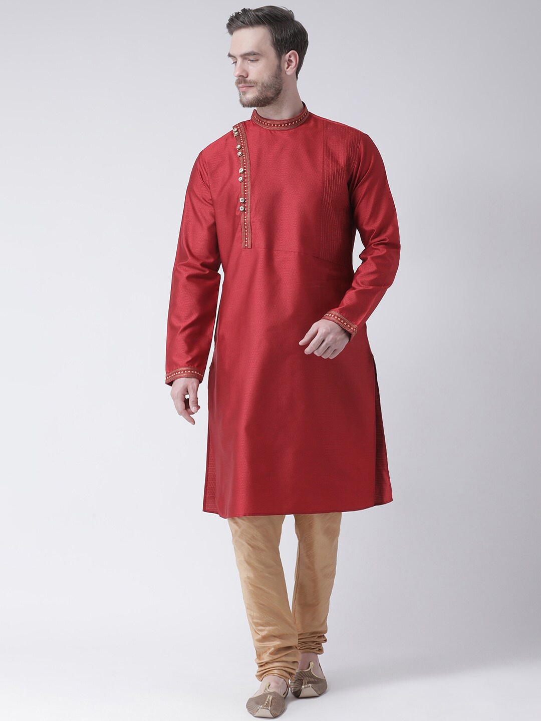 

SG LEMAN Men Maroon Embroidered Raw Silk Kurta with Churidar