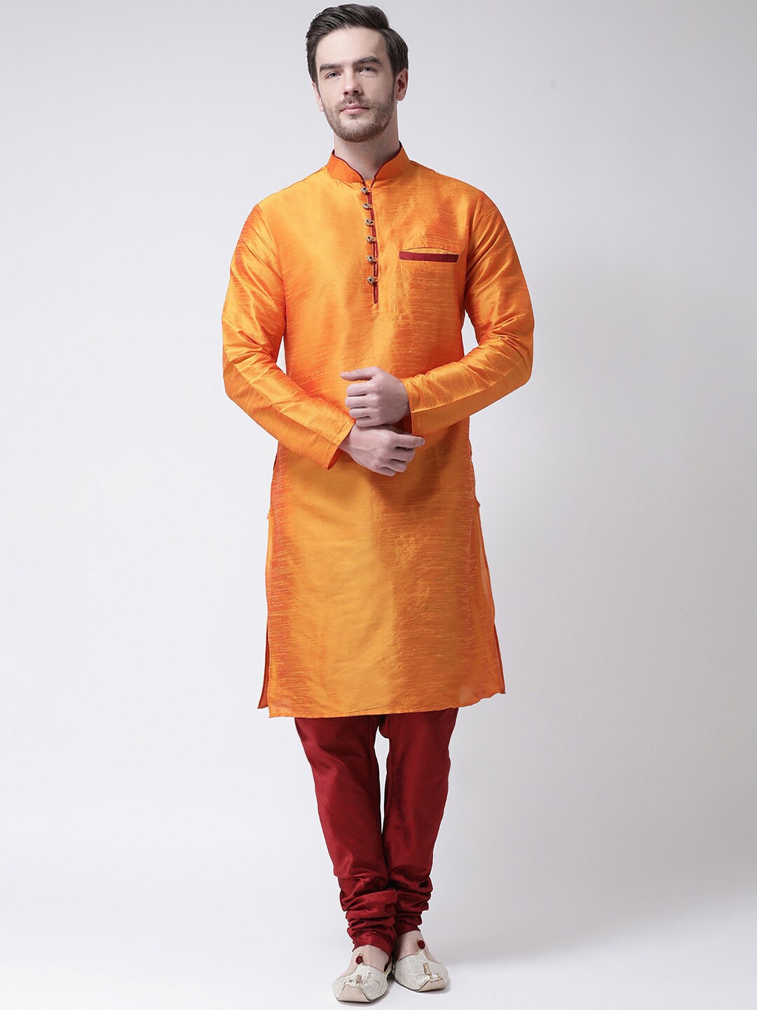 

SG LEMAN Men Musturd Yellow And Maroon Solid Raw Silk Kurta With Churidar, Mustard