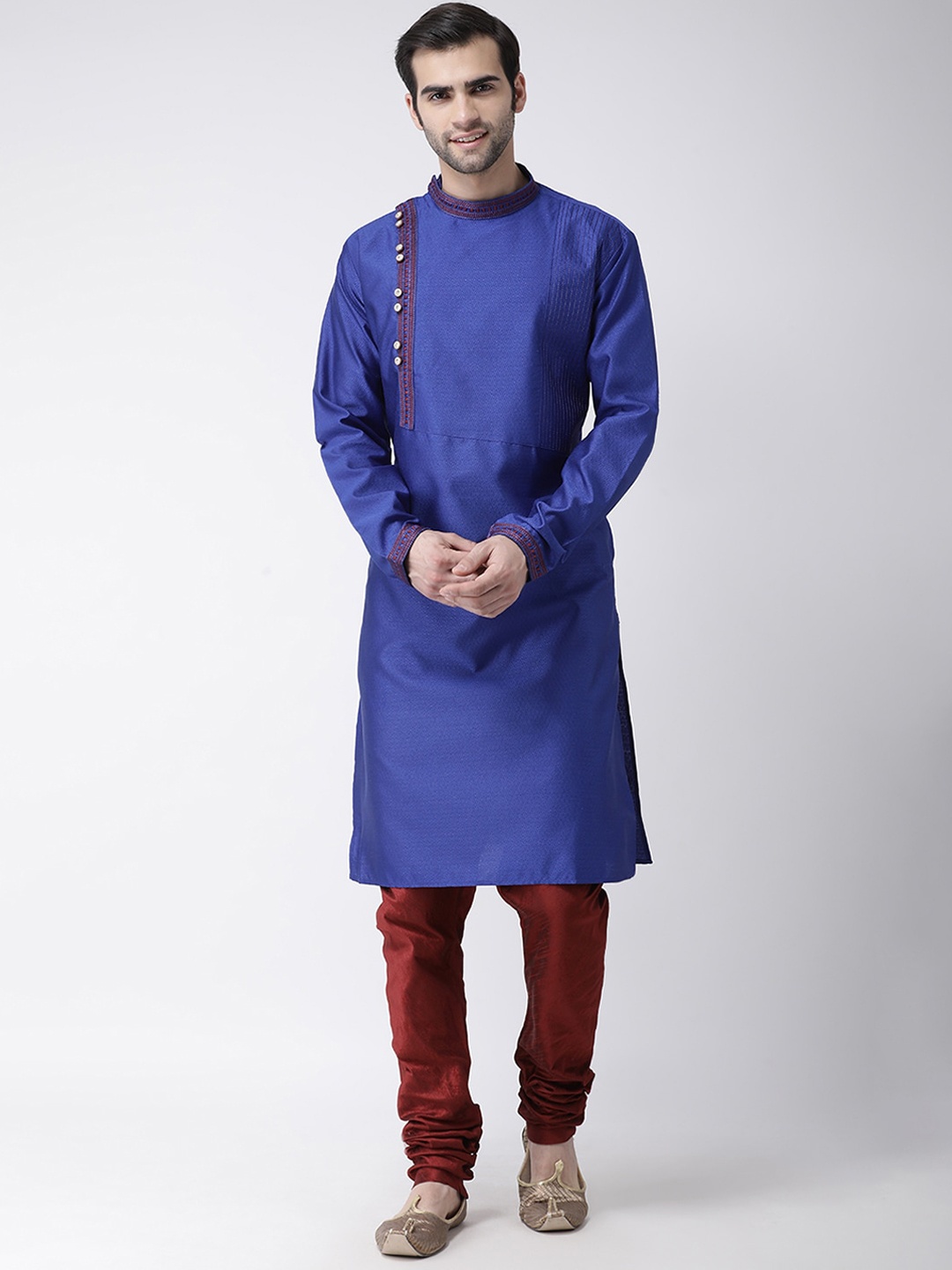 

SG LEMAN Men Blue Angrakha Raw Silk Kurta with Pyjamas