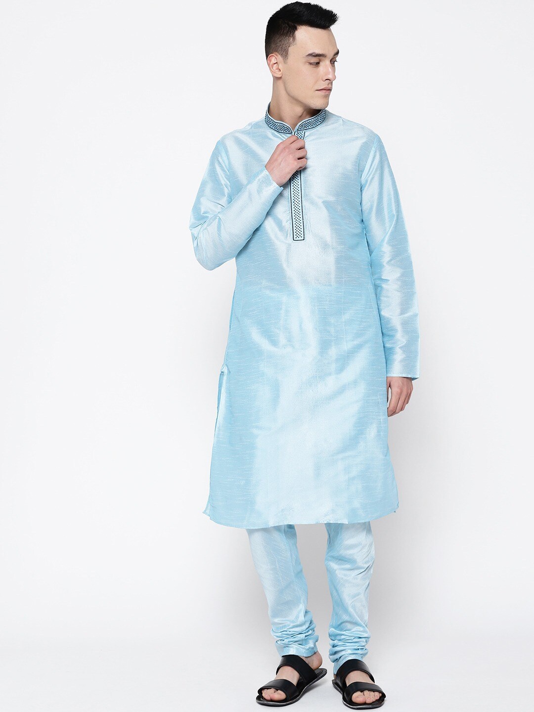 

SG LEMAN Men Turquoise Blue Yoke Design Thread Work Raw Silk Kurta with Pyjamas
