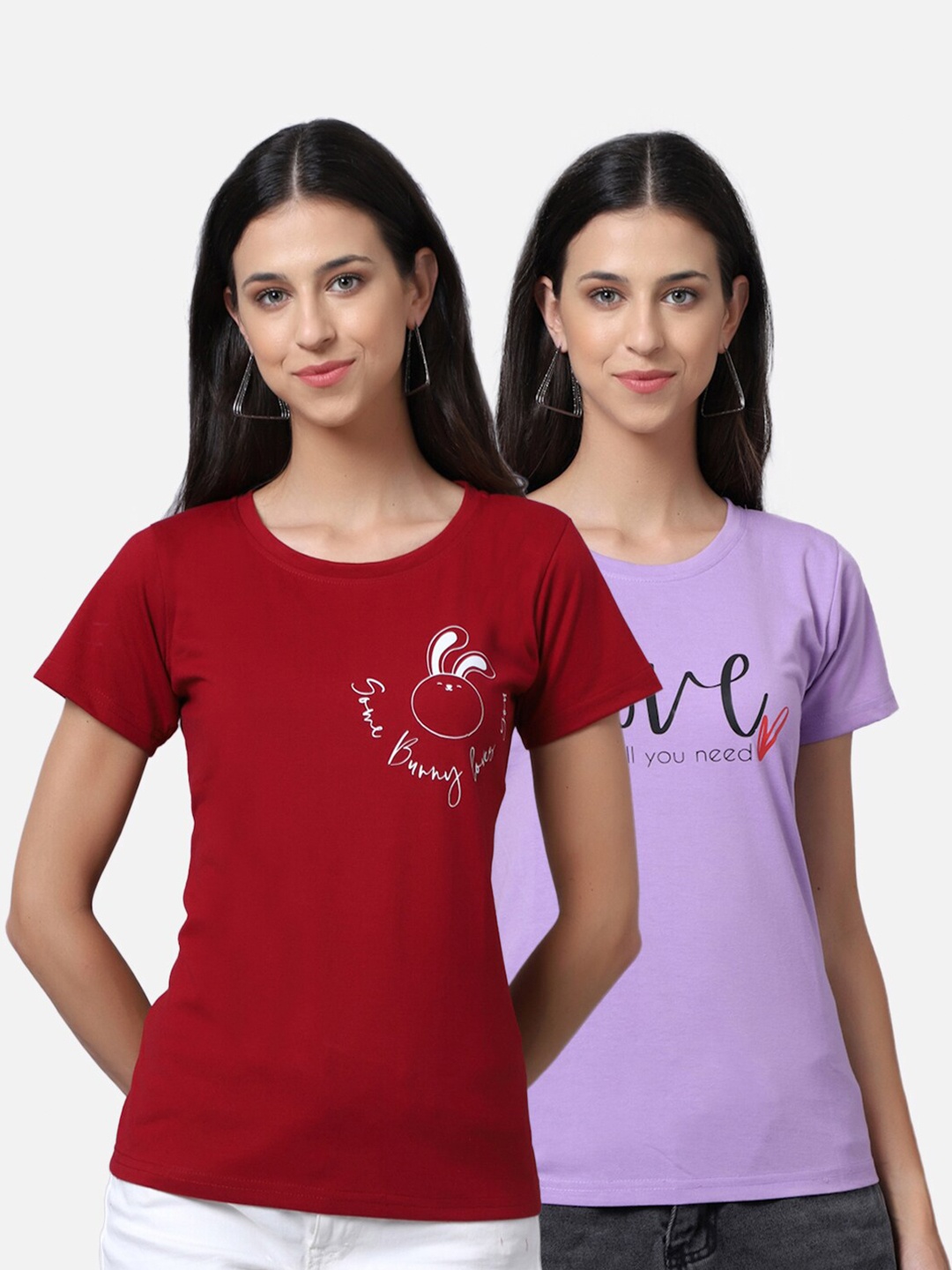 

UnaOne Women Maroon & Lavender Typography Pack of 2 Printed T-shirt