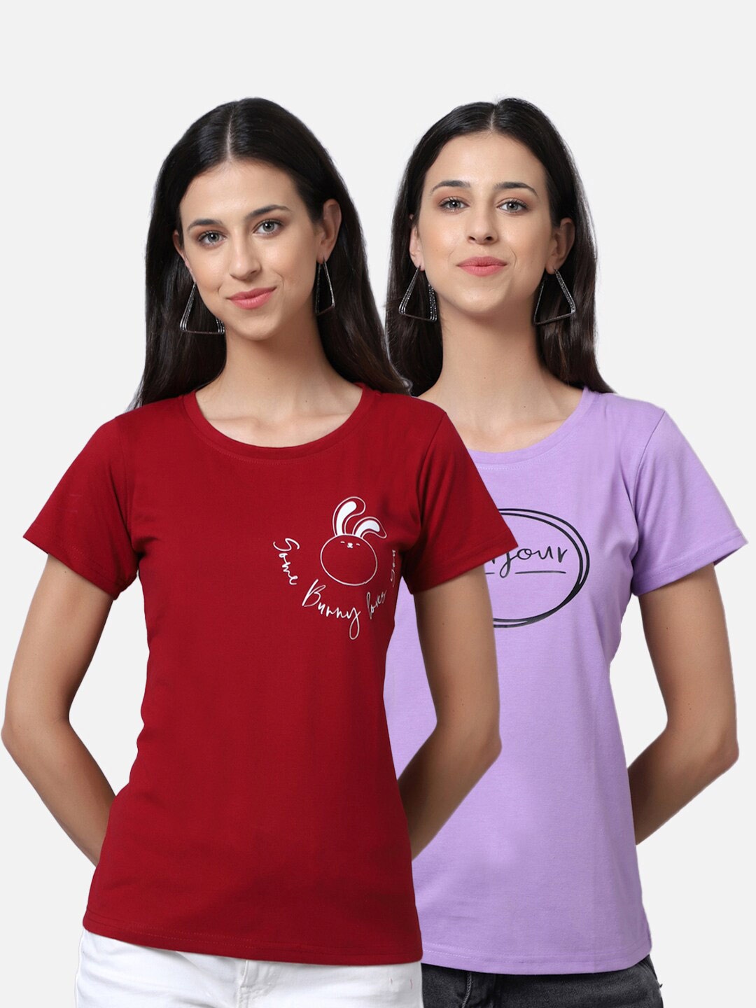 

UnaOne Women Maroon & Purple Pack of 2 Pure Cotton Typography Printed T-shirt