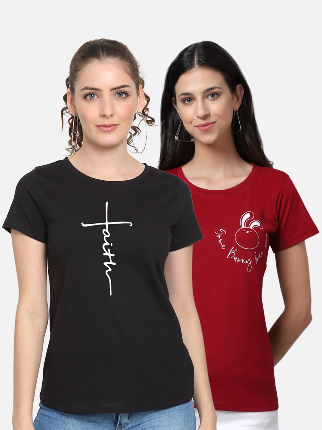 

UnaOne Women Pack of 2 Black & Maroon Printed T-shirt