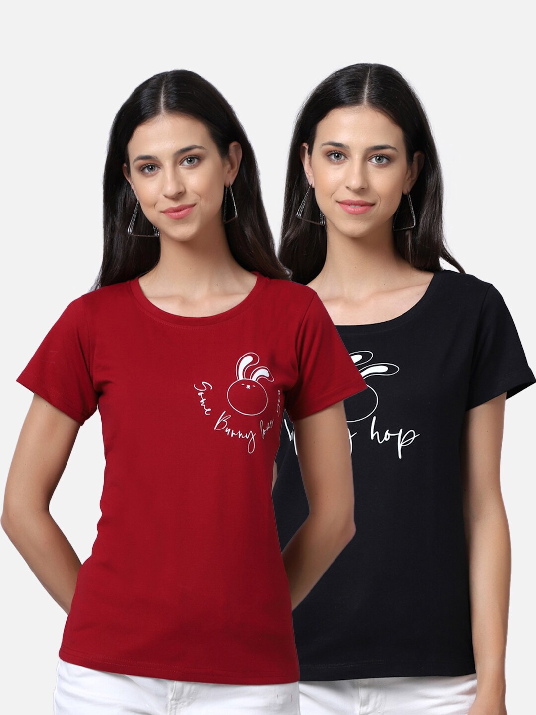 

UnaOne Women Maroon & Black Pack Of 2 Printed T-shirt