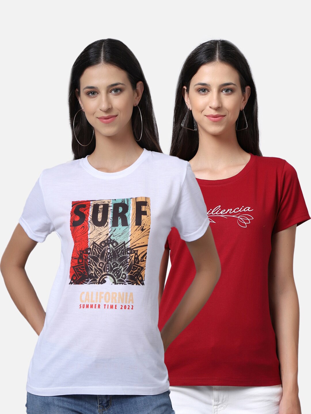 

UnaOne Women Pack of 2 White & Maroon Printed Cotton T-shirt