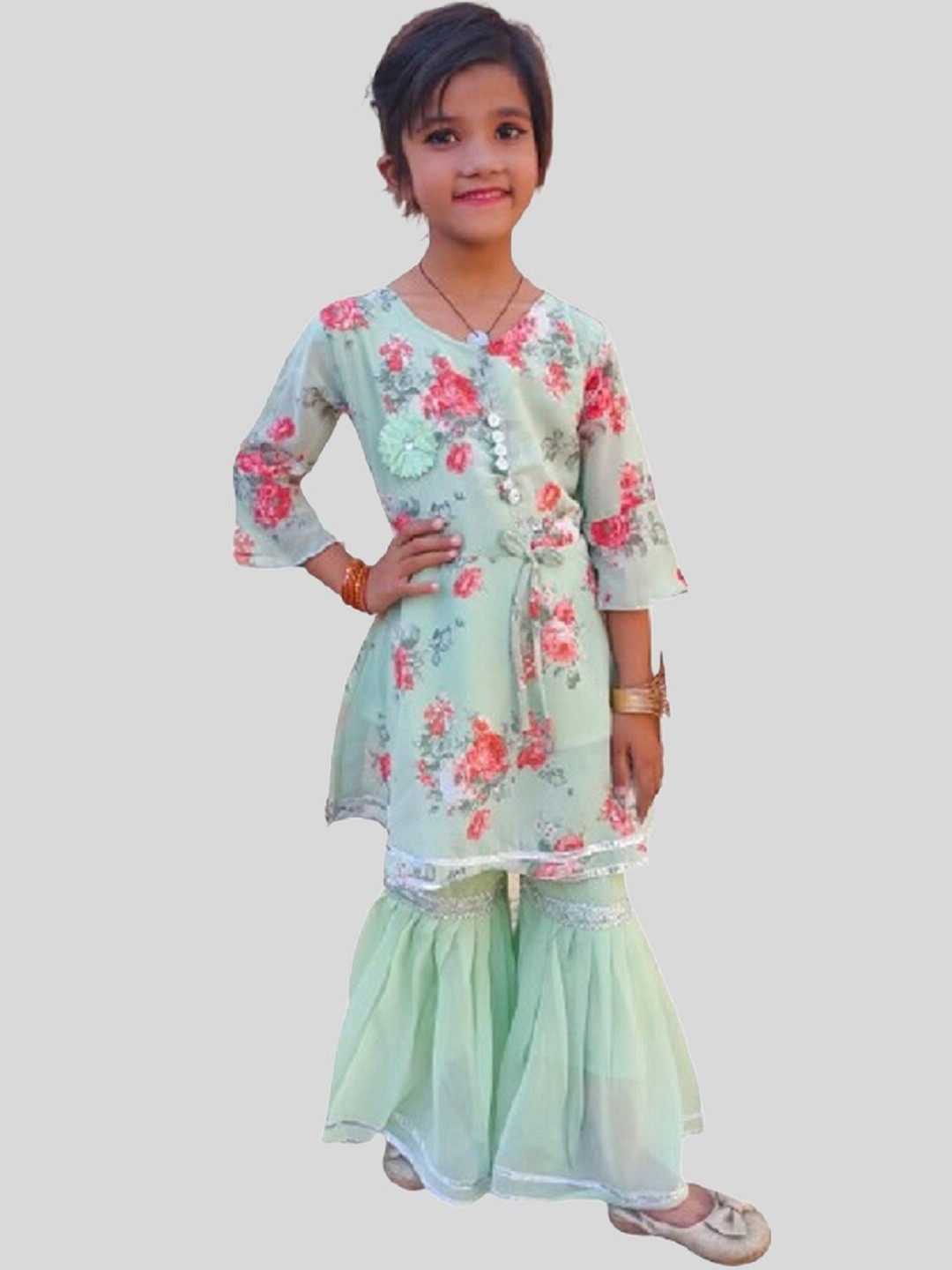 

FNOCKS Girls Green Floral Printed Empire Kurti with Sharara