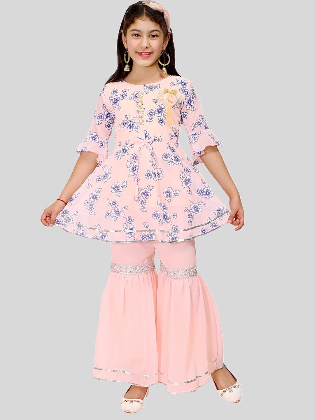 

FNOCKS Girls Orange Floral Embroidered Pleated Kurti with Sharara