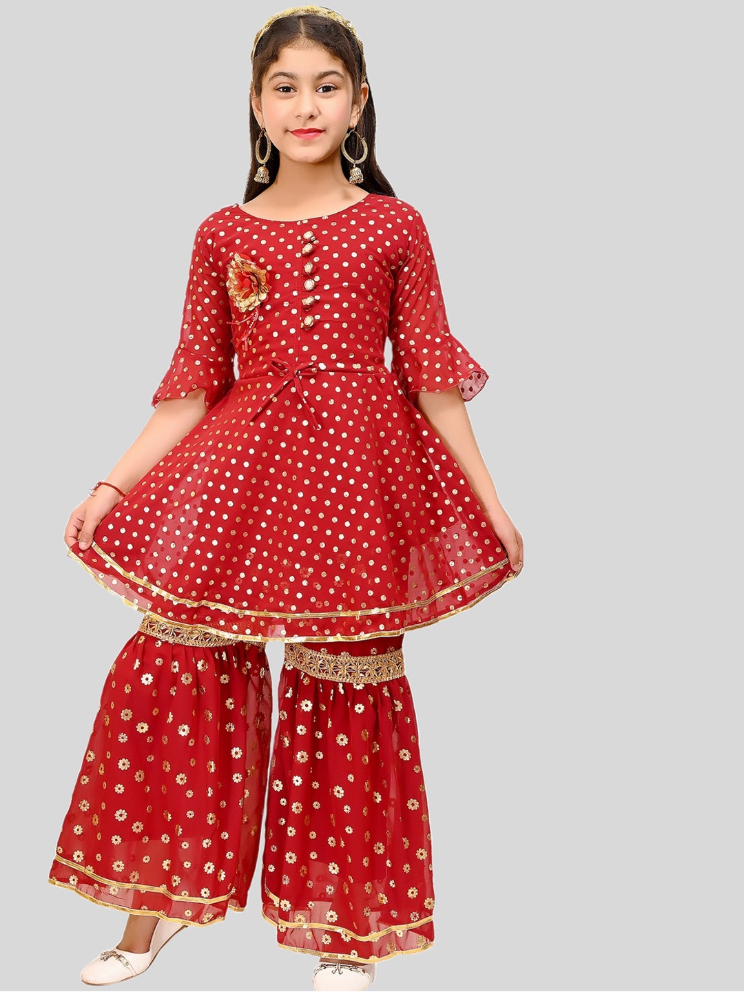 

FNOCKS Girls Maroon Floral Pleated Kurti with Sharara