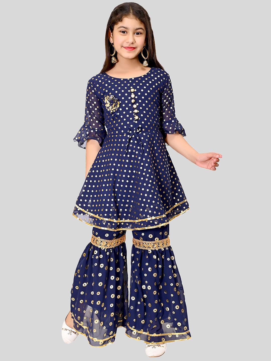 

FNOCKS Girls Blue Ethnic Motifs Embroidered Panelled Kurta with Sharara