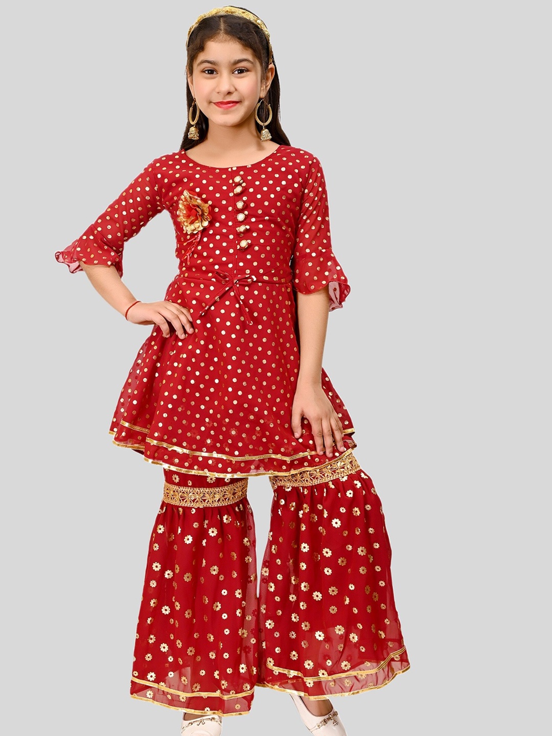 

FNOCKS Girls Maroon Printed Kurti with Sharara