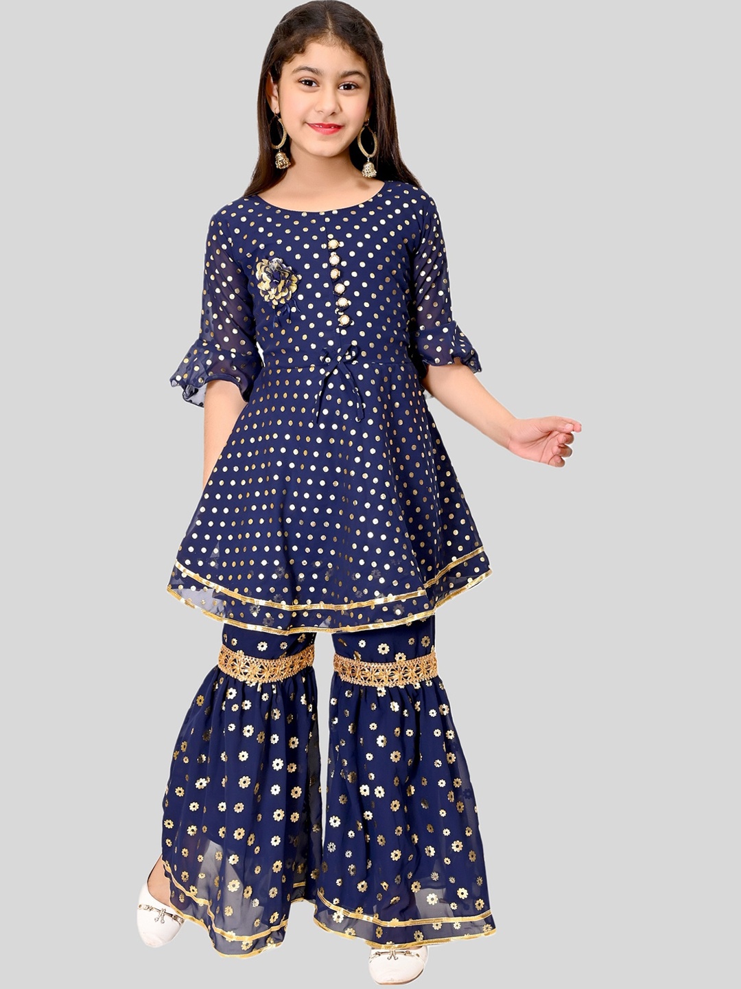 

FNOCKS Girls Blue Embroidered Empire Gotta Patti Kurti with Sharara Set