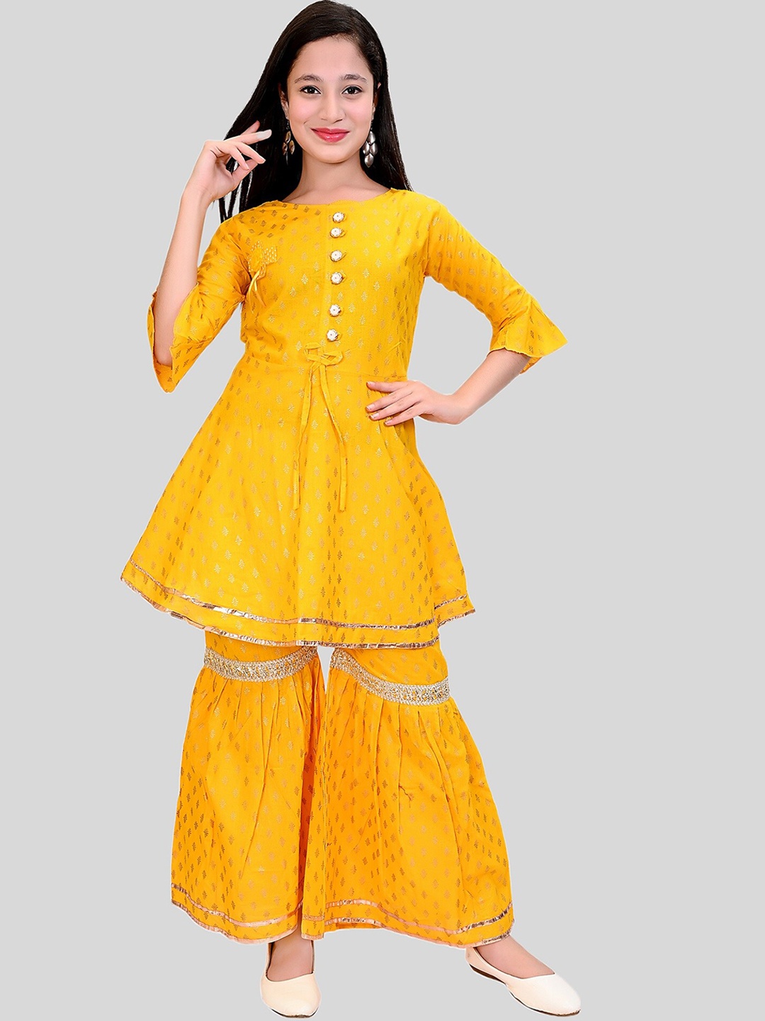 

FNOCKS Girls Yellow Printed Kurti with Sharara