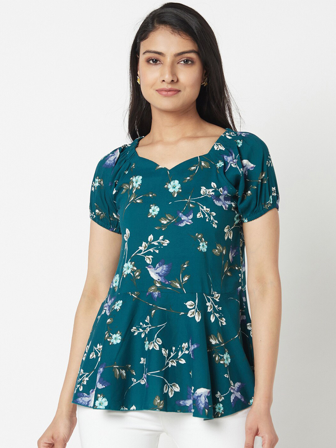 

Miss Grace Green Floral Print Sweetheart Neck Top