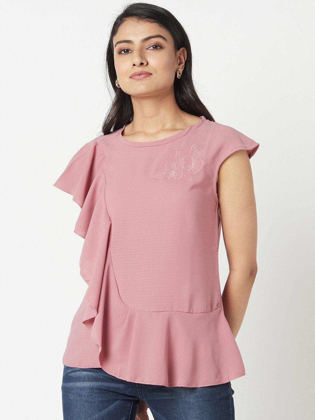 

Miss Grace Pink Solid Ruffles Peplum Top