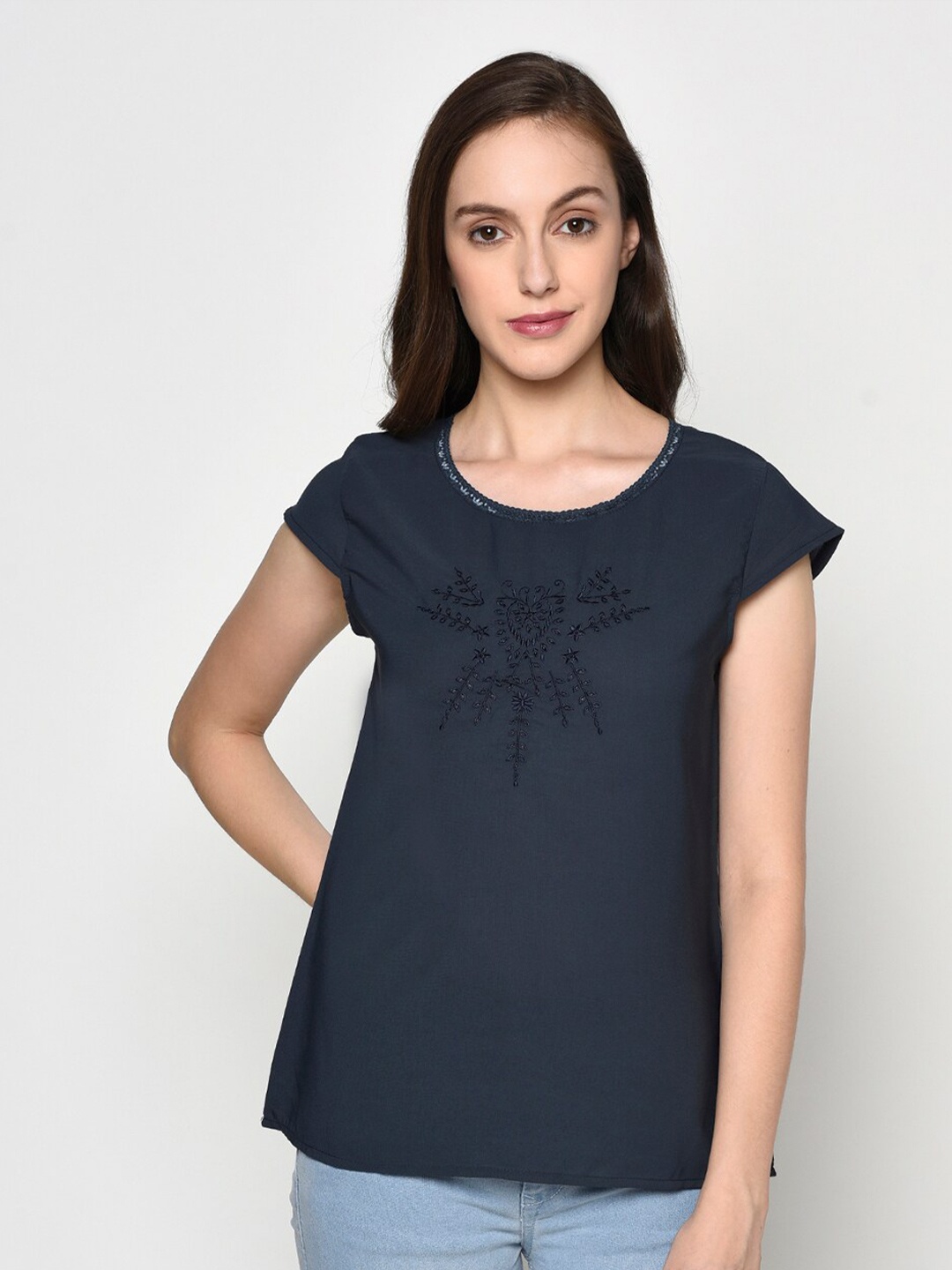 

Miss Grace Women Navy Blue Embroidered Top