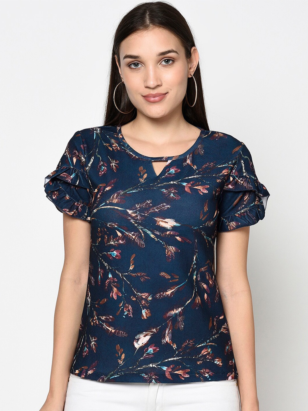 

Miss Grace Navy Blue Floral Print Keyhole Neck Top