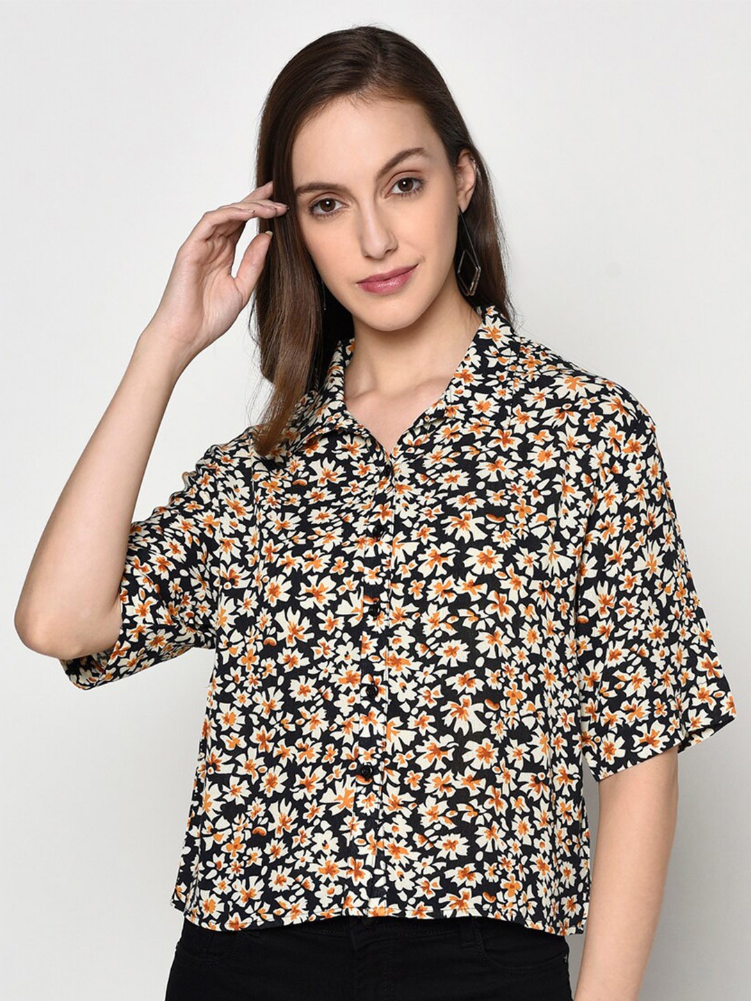 

Miss Grace Navy Blue Floral Printed Shirt Style Top