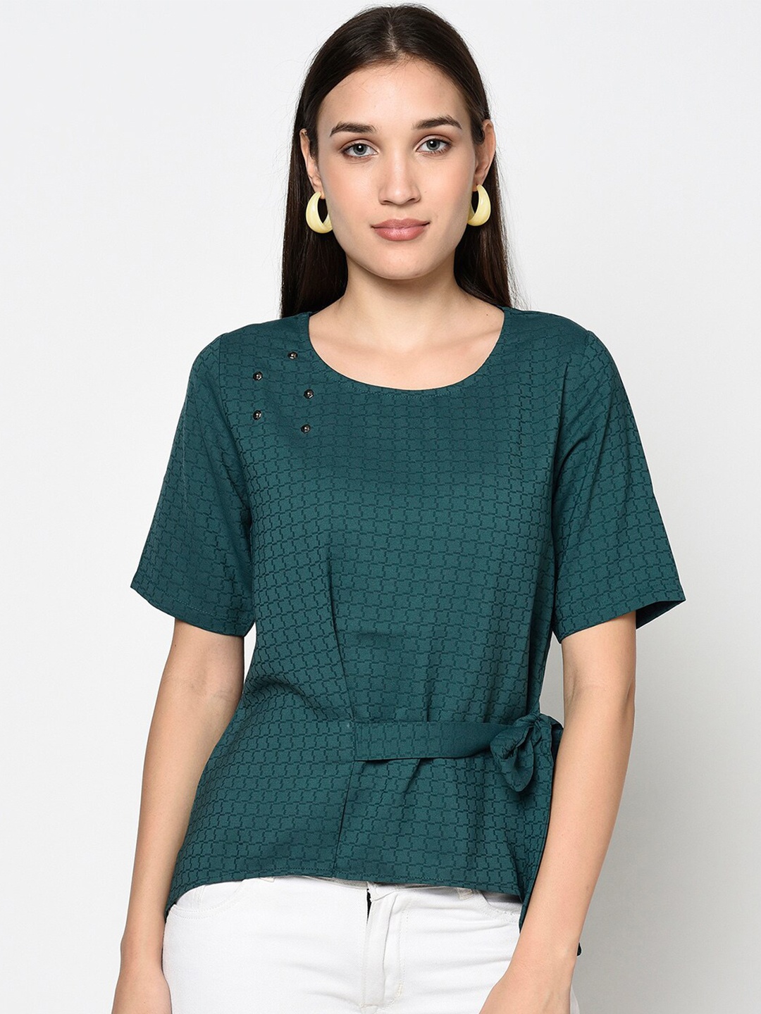 

Miss Grace Green Geometric Cinched Waist Top