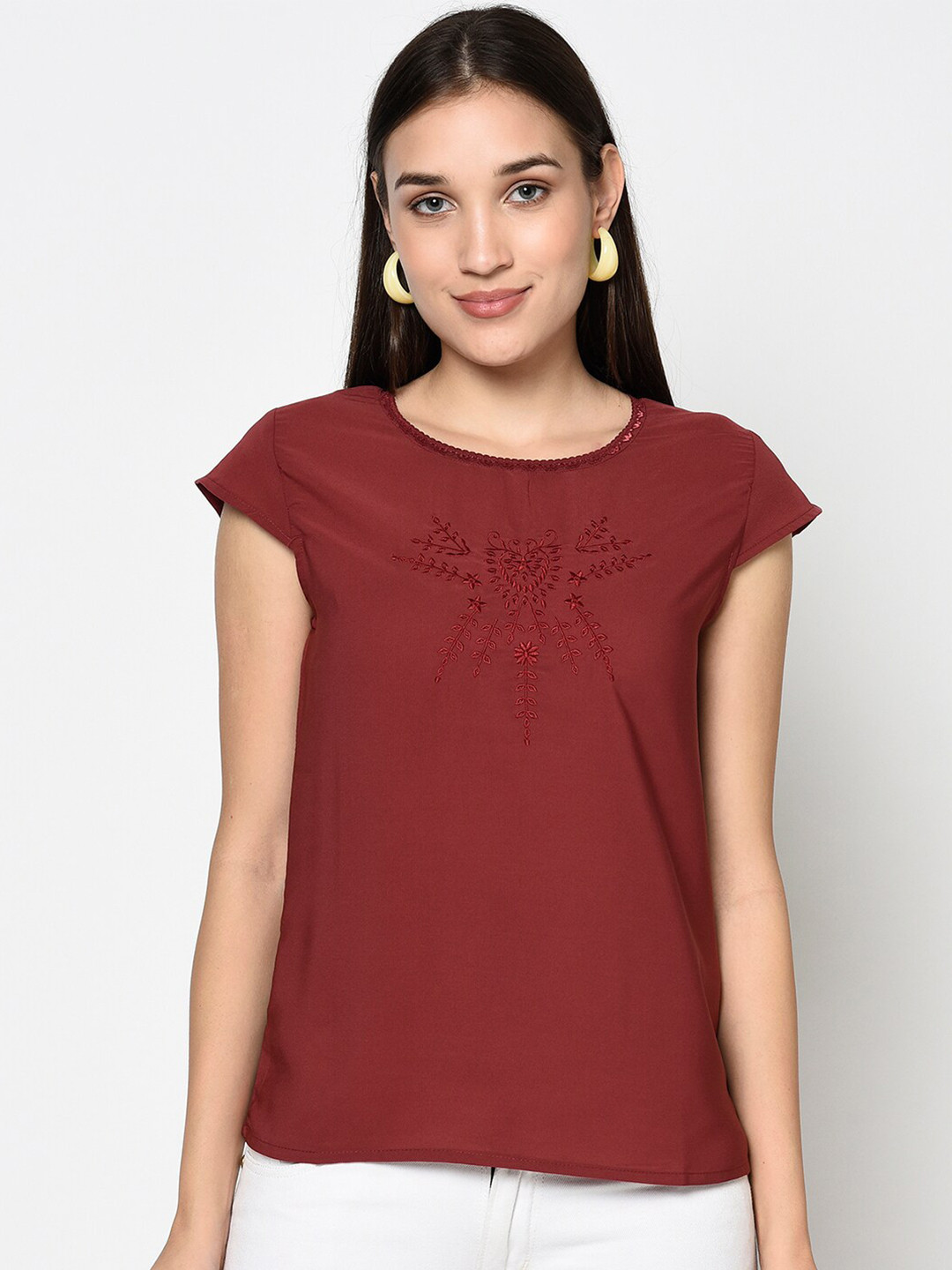 

Miss Grace Women Maroon Embroidered Top