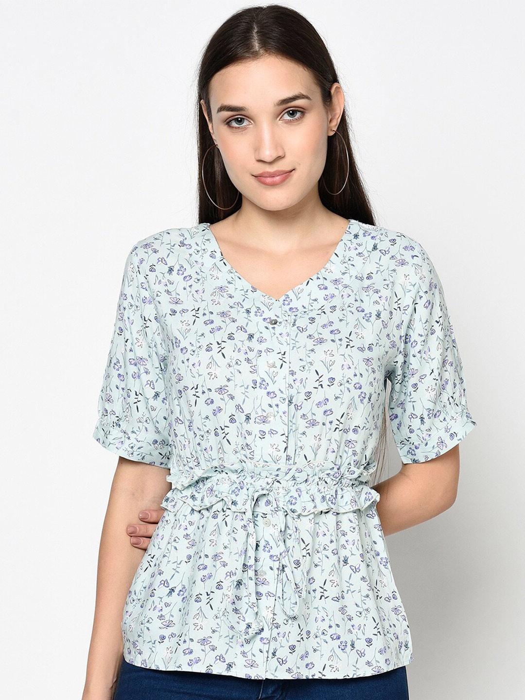 

Miss Grace Blue Floral Print Cinched Waist Top