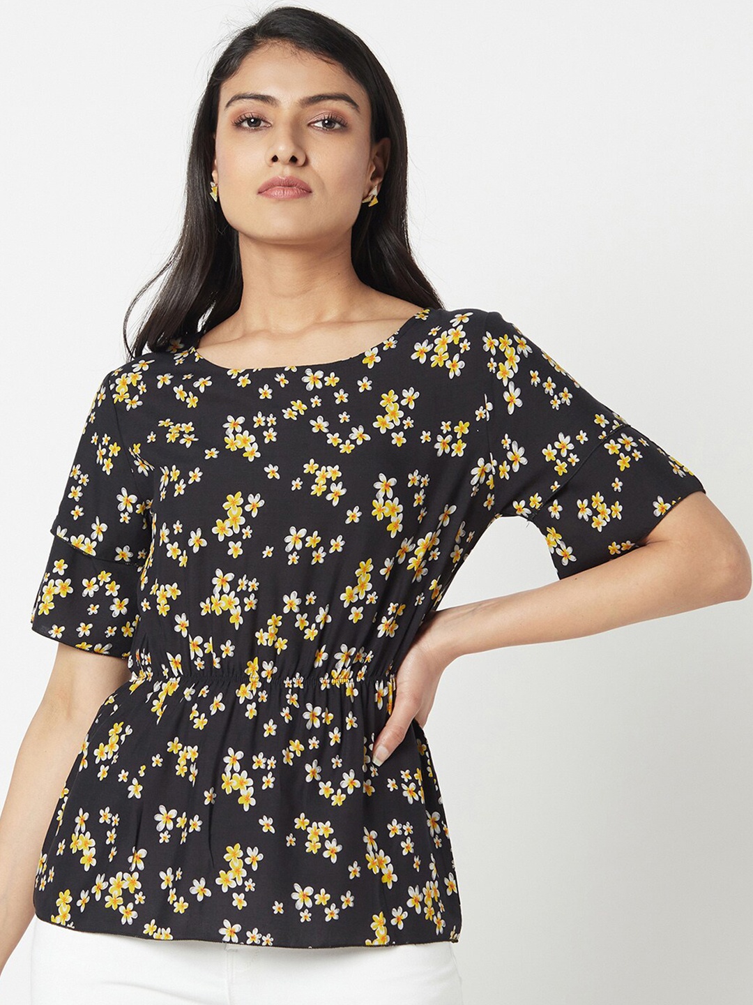 

Miss Grace Black & White Floral Printed Cinched Waist Top