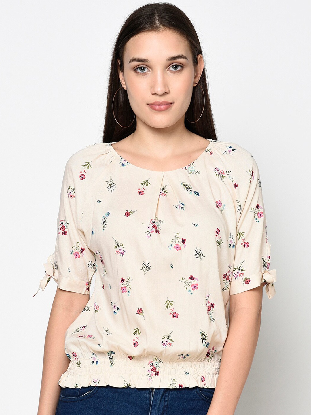 

Miss Grace Women Beige Floral Printed Cotton Blend Top
