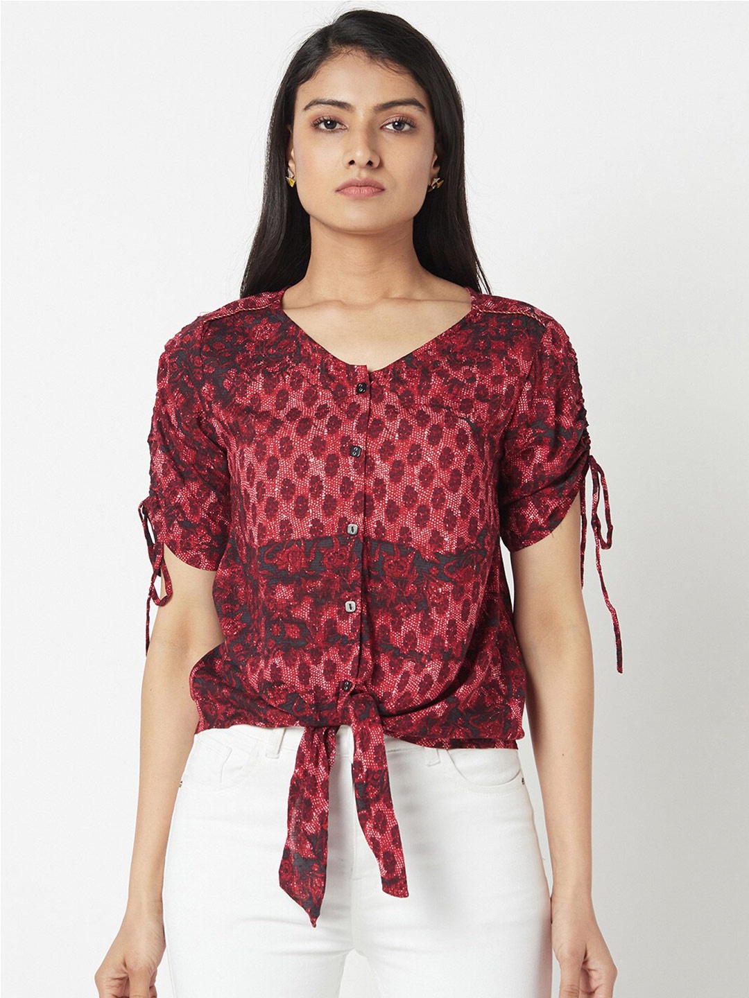

Miss Grace Women Red Floral Self Design Top