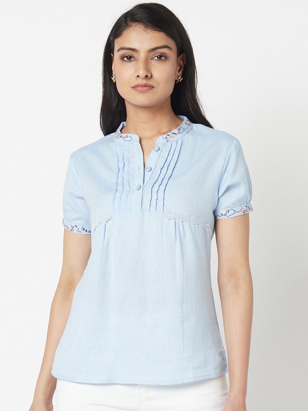 

Miss Grace Blue Mandarin Collar Pleated Top