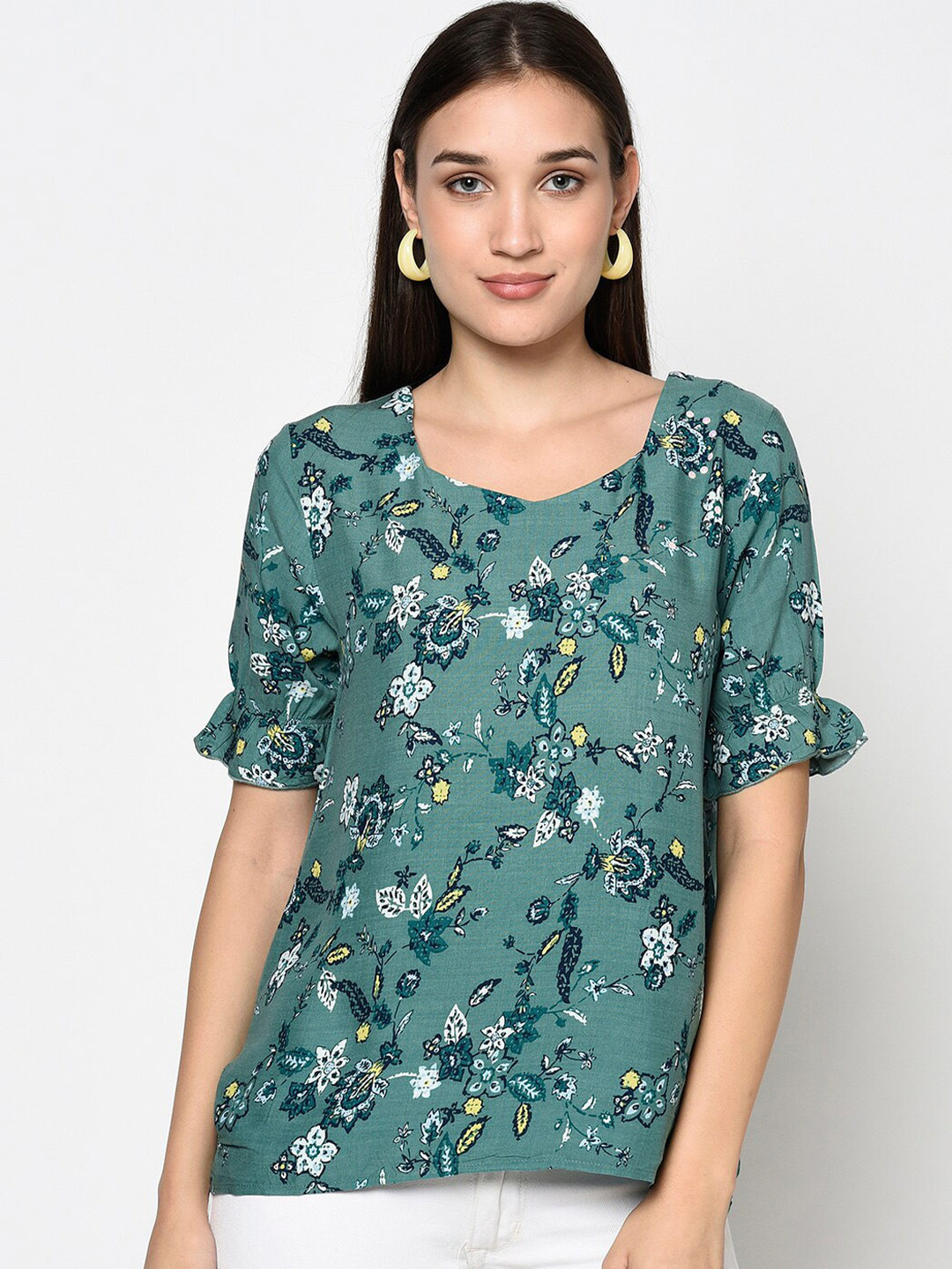 

Miss Grace Green Floral Print Roll-Up Sleeves Top
