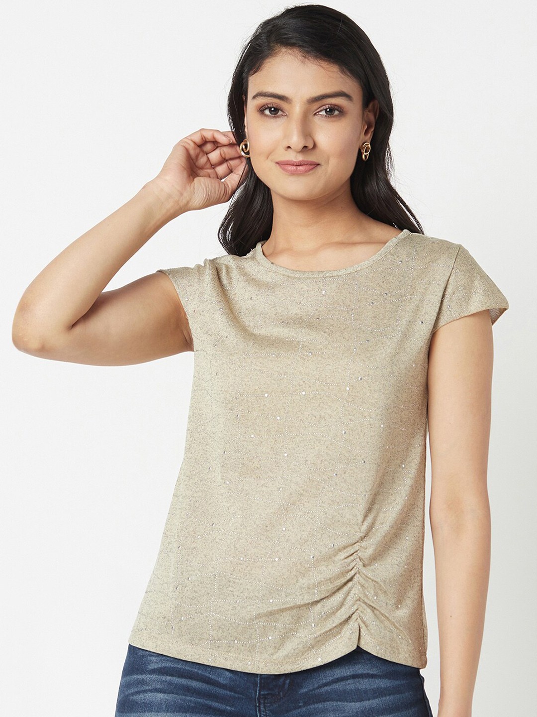 

Miss Grace Beige Solid Gathered Top