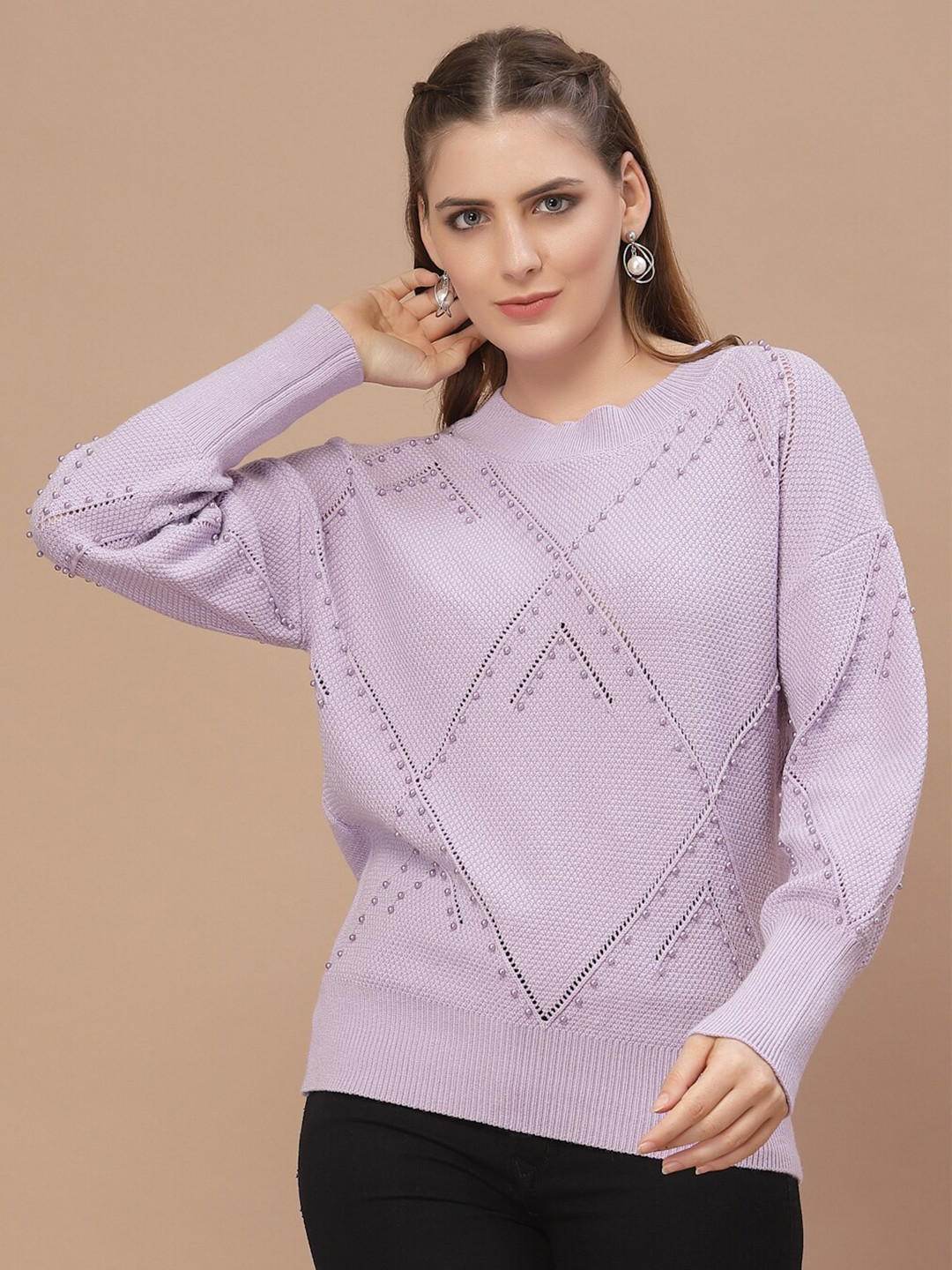 

Mafadeny Women Lavender Self-Design Sweater with Embellished Detail