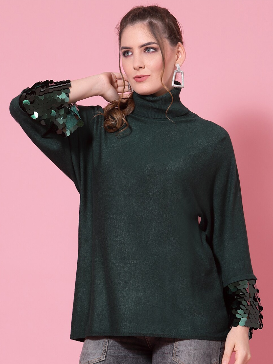 

Mafadeny Women Green Longline Pullover with Embellished Detail