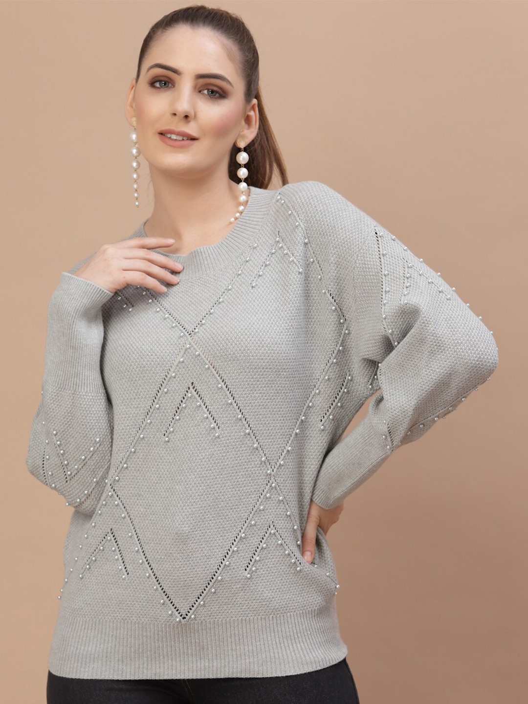 

Mafadeny Women Green Cable Knit Pullover with Embellished Detail